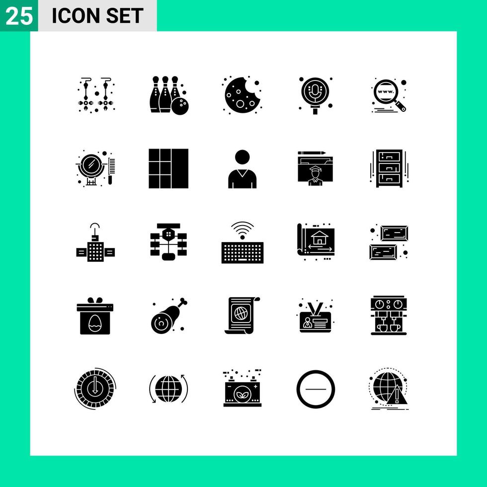 Set of 25 Commercial Solid Glyphs pack for engine pack play record search Editable Vector Design Elements