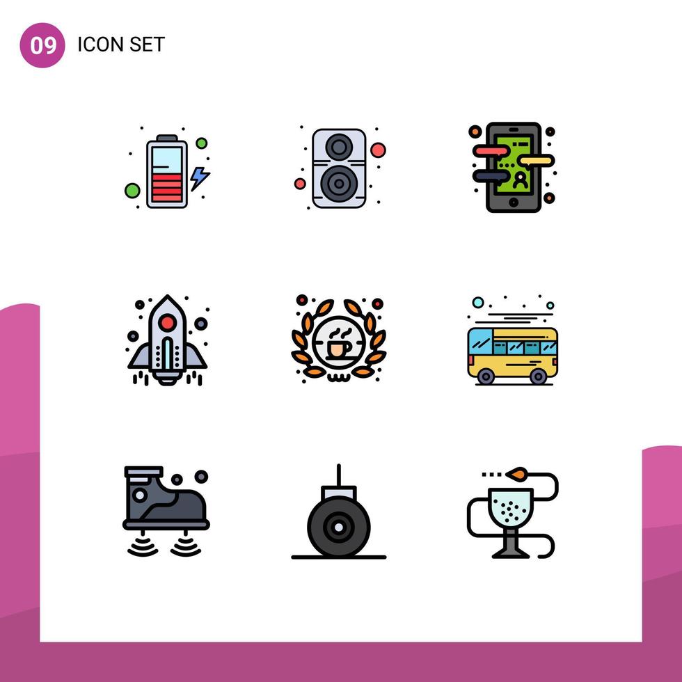 Set of 9 Vector Filledline Flat Colors on Grid for coffee launch chat startup rocket Editable Vector Design Elements