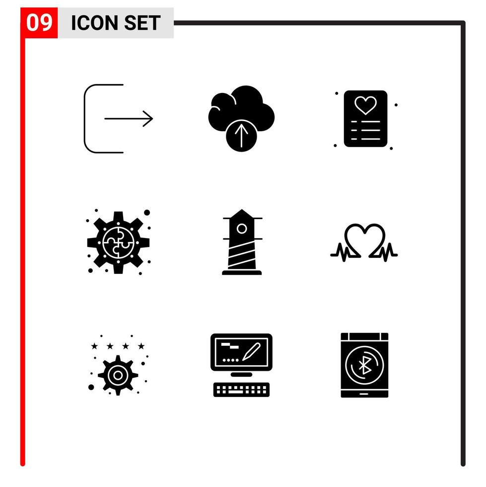 9 Solid Glyph concept for Websites Mobile and Apps heartbeat lighthouse card beach plugin Editable Vector Design Elements