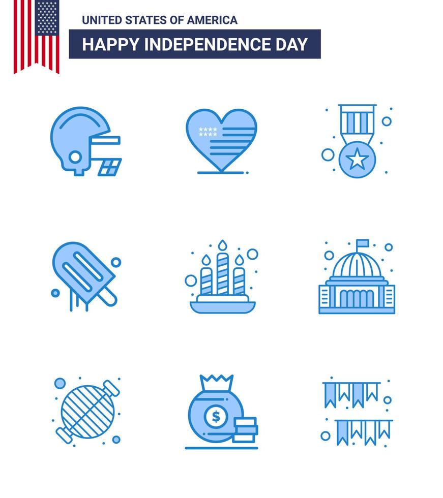 Set of 9 Modern Blues pack on USA Independence Day light candle badge usa cream Editable USA Day Vector Design Elements