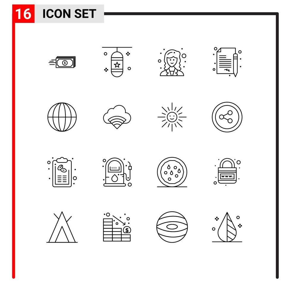 Universal Icon Symbols Group of 16 Modern Outlines of document business sports accessory sign researcher Editable Vector Design Elements