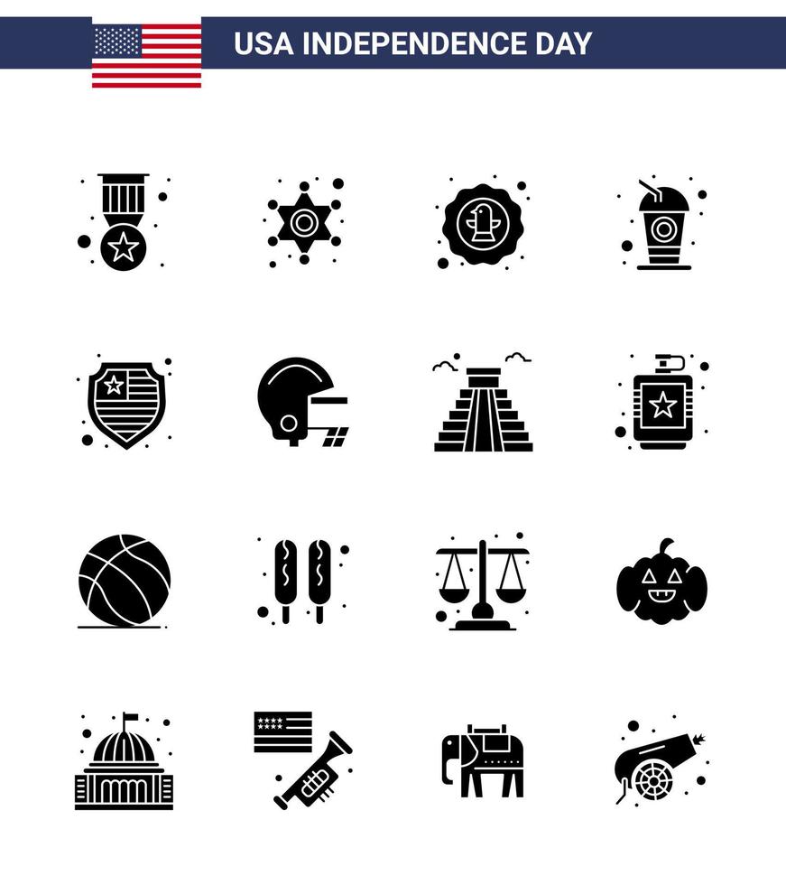 paquete de glifos sólidos vectoriales editables del día de EE. UU. 16 glifos sólidos simples de bebida americana insignia de cola americana elementos de diseño vectorial editables del día de EE. UU. vector