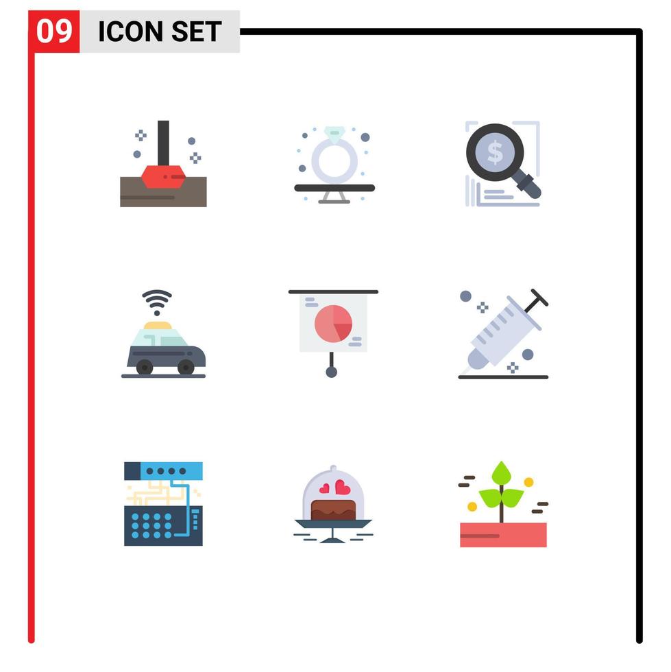 Mobile Interface Flat Color Set of 9 Pictograms of chart map search location solution Editable Vector Design Elements