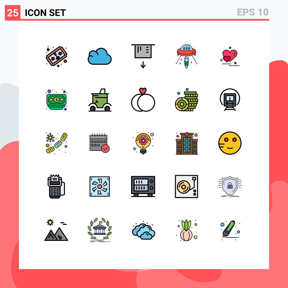 Mobile Interface Filled line Flat Color Set of 25 Pictograms of couple heart card mars ufo Editable Vector Design Elements