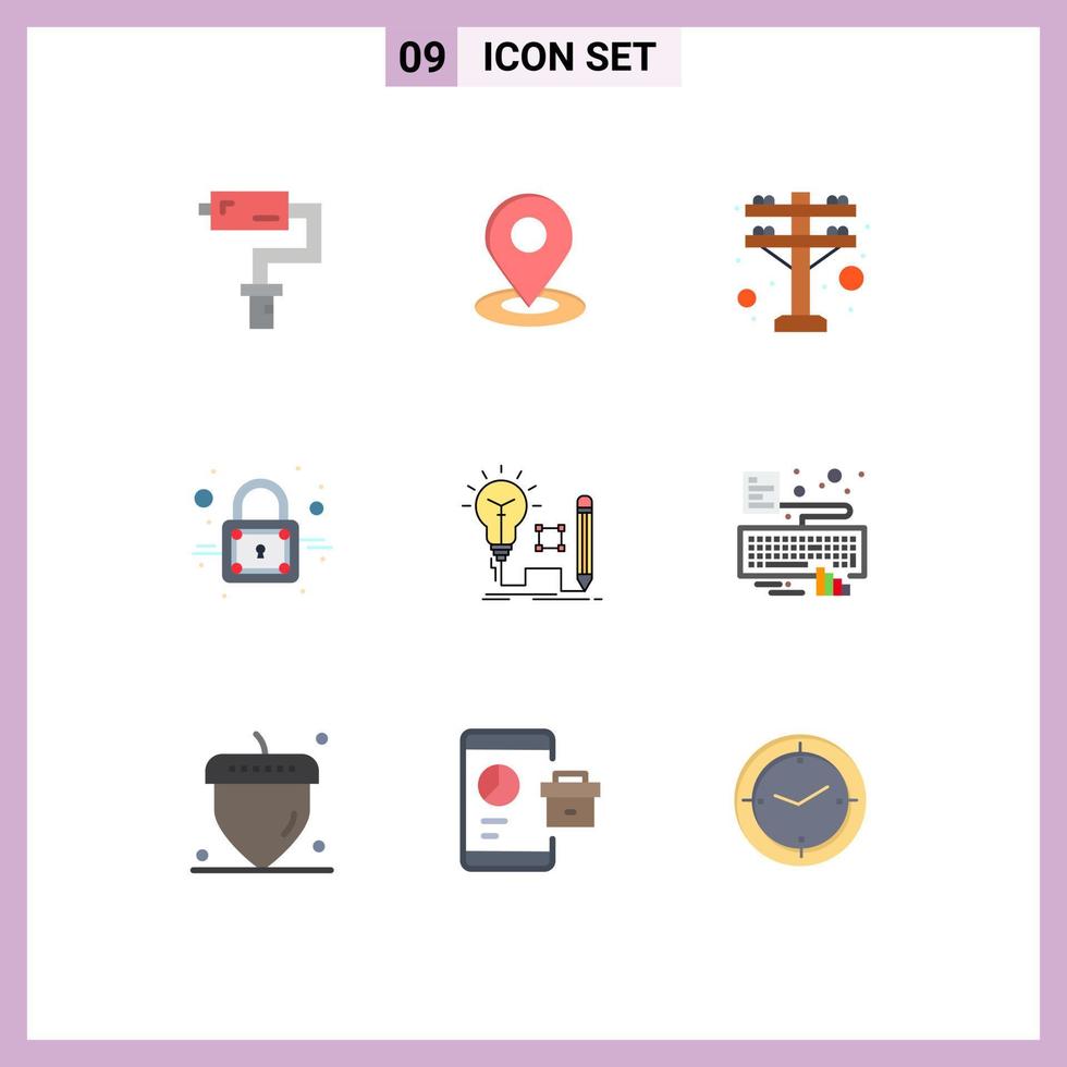 Pictogram Set of 9 Simple Flat Colors of lamp insight electric idea lock Editable Vector Design Elements