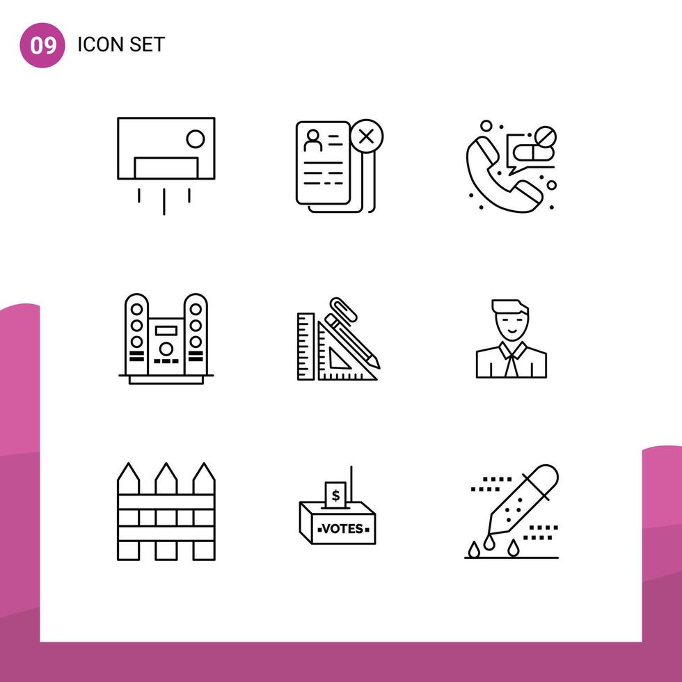 Universal Icon Symbols Group of 9 Modern Outlines of stage concert job cinema emergency Editable Vector Design Elements