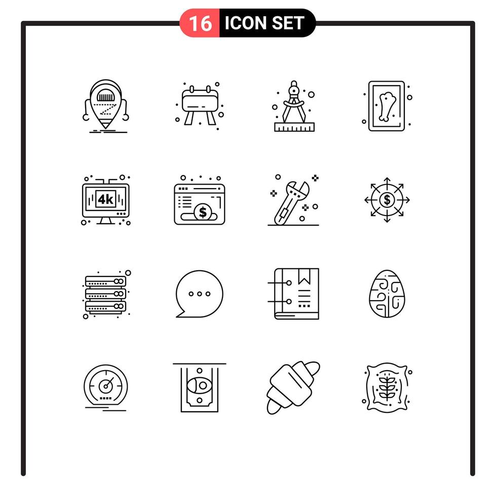 Group of 16 Outlines Signs and Symbols for technology display compass computer leg Editable Vector Design Elements