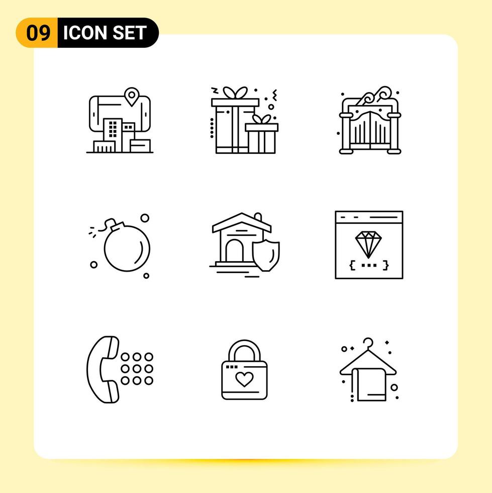 User Interface Pack of 9 Basic Outlines of real shield park science explosion Editable Vector Design Elements