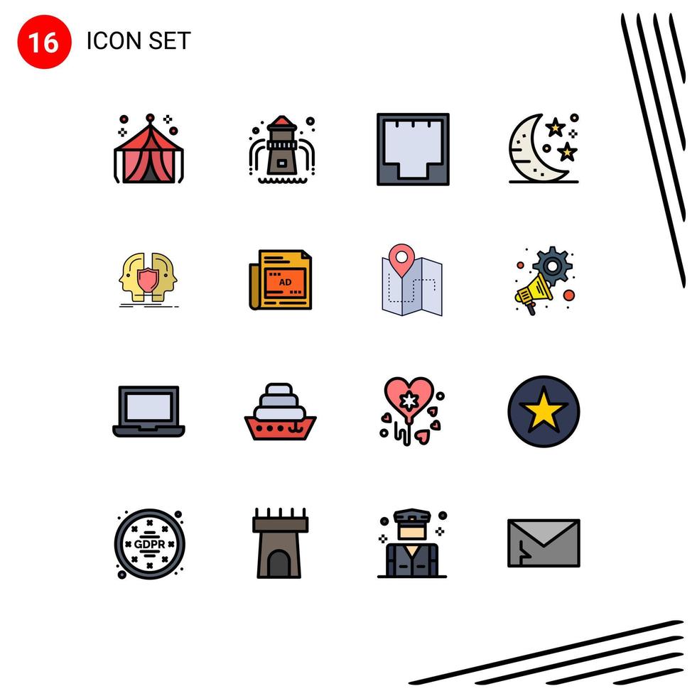Mobile Interface Flat Color Filled Line Set of 16 Pictograms of face party ethernet night bar Editable Creative Vector Design Elements