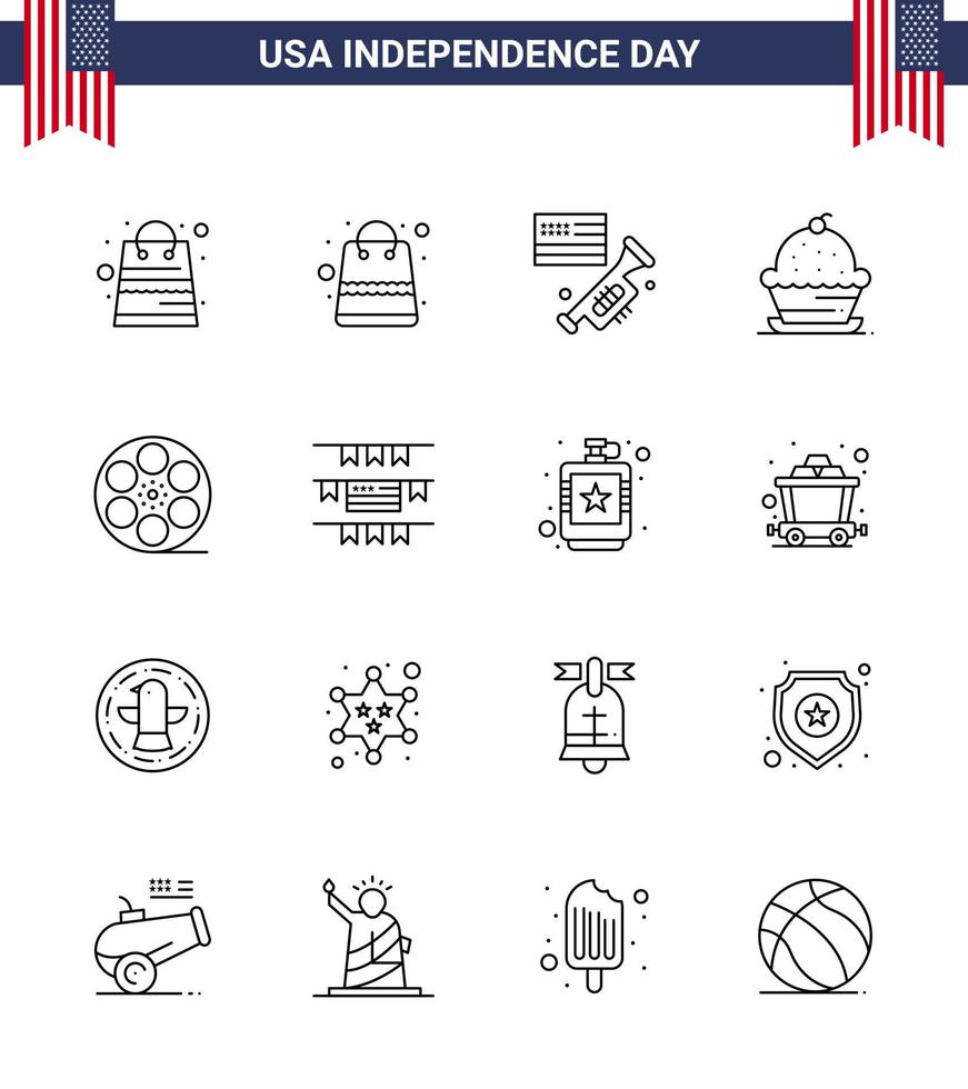 Paquete de 16 líneas de estados unidos de signos y símbolos del día de la independencia de buntings video cake play acción de gracias elementos de diseño vectorial editables del día de estados unidos vector