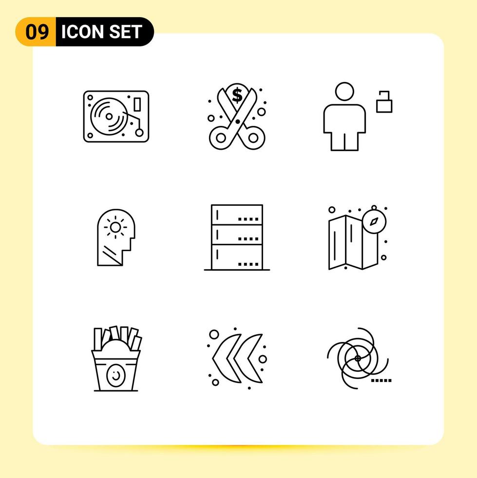 9 User Interface Outline Pack of modern Signs and Symbols of setting control spending brain padlock Editable Vector Design Elements