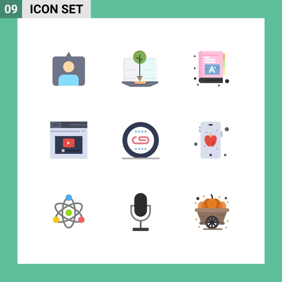 Editable Vector Line Pack of 9 Simple Flat Colors of linking video book website page Editable Vector Design Elements