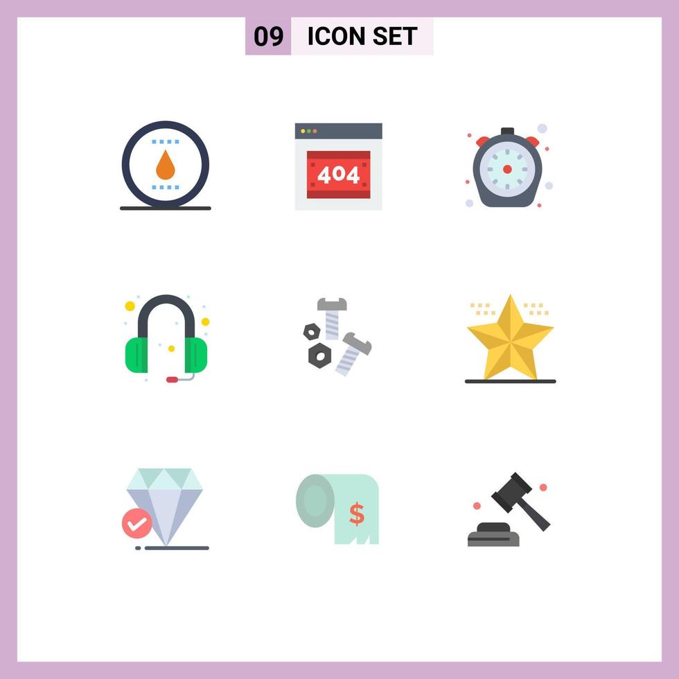 9 User Interface Flat Color Pack of modern Signs and Symbols of bolt support chrono headphones timer Editable Vector Design Elements