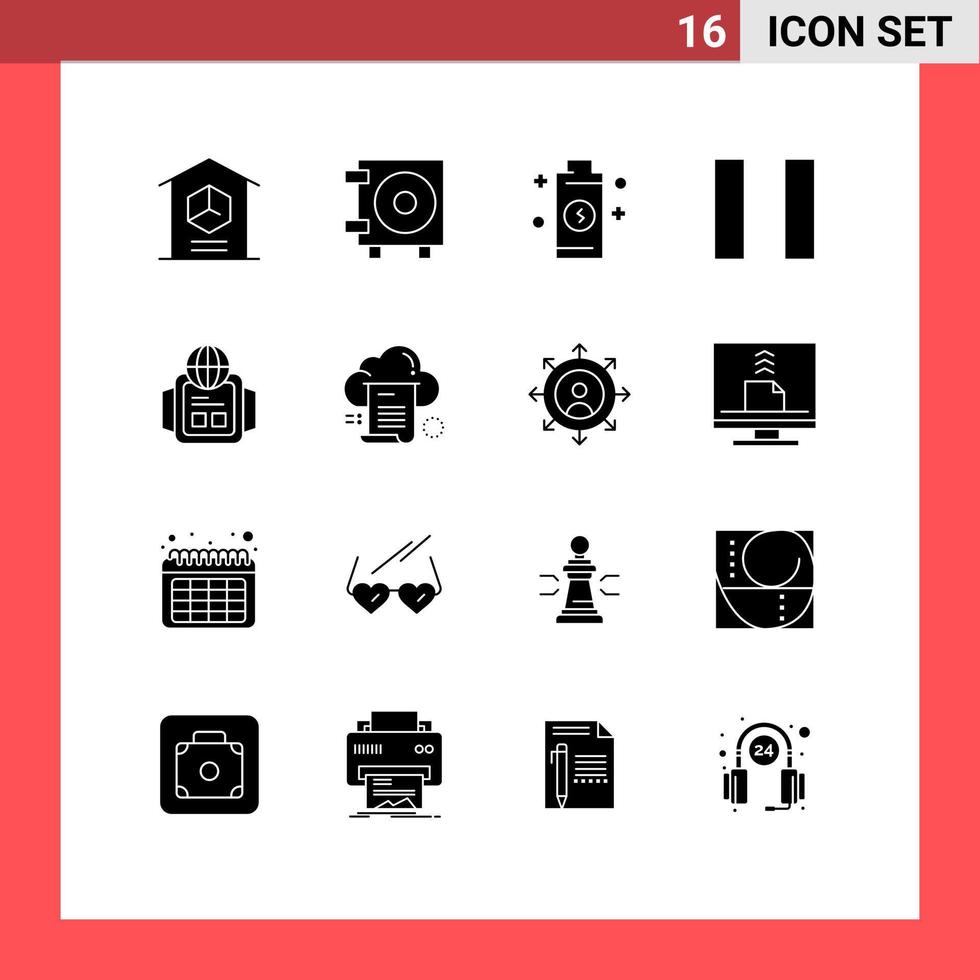 Modern Set of 16 Solid Glyphs and symbols such as share world battery watch pause Editable Vector Design Elements