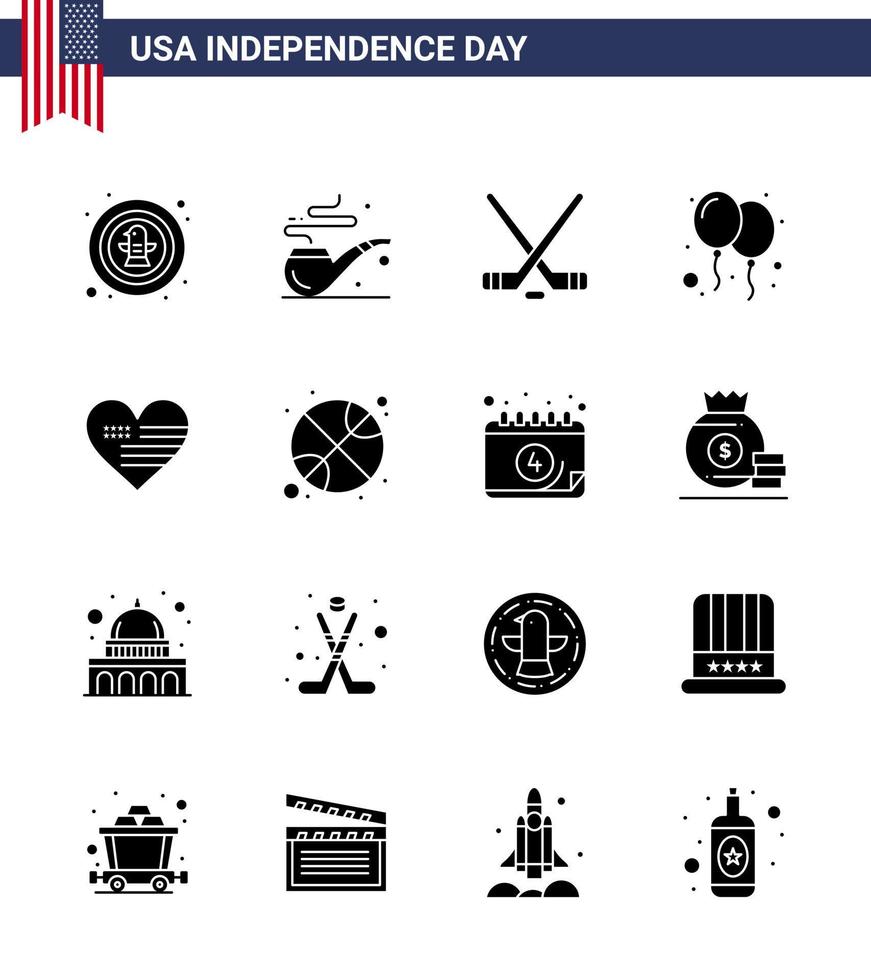 Happy Independence Day 4th July Set of 16 Solid Glyphs American Pictograph of love party hokey day balloons Editable USA Day Vector Design Elements