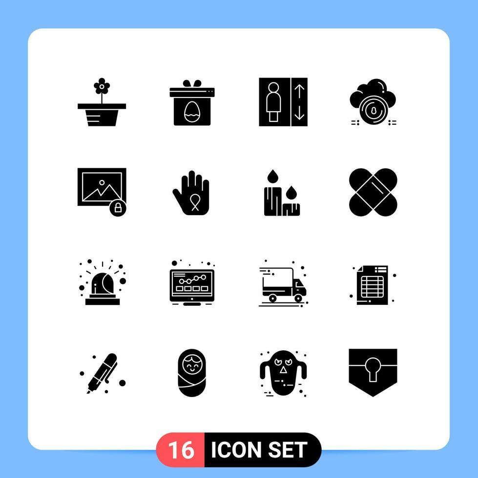 Group of 16 Modern Solid Glyphs Set for lock data elevator cloud secure Editable Vector Design Elements