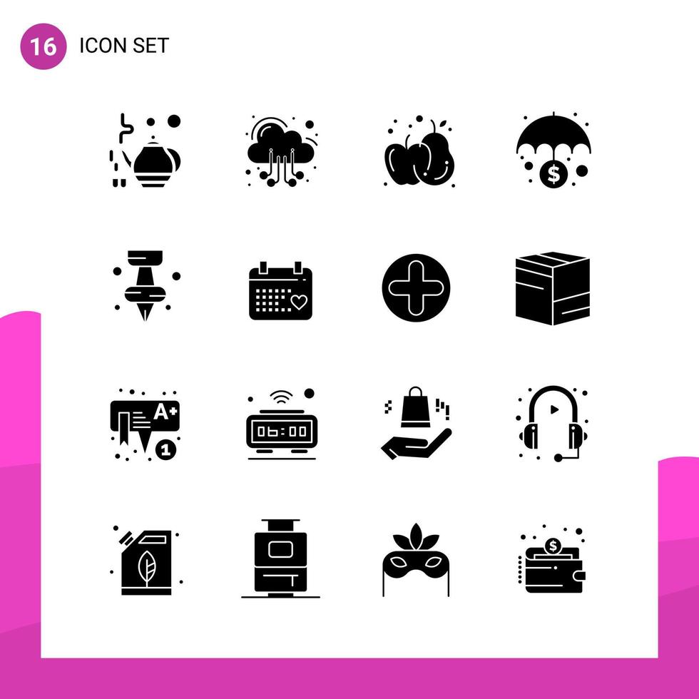 paquete de conjunto de iconos de glifos de 16 iconos sólidos aislados en fondo blanco para aplicaciones móviles y de impresión de diseño de sitios web receptivos vector