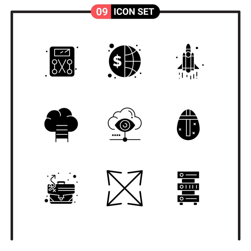 Pack of 9 Modern Solid Glyphs Signs and Symbols for Web Print Media such as view eye launch growth business Editable Vector Design Elements