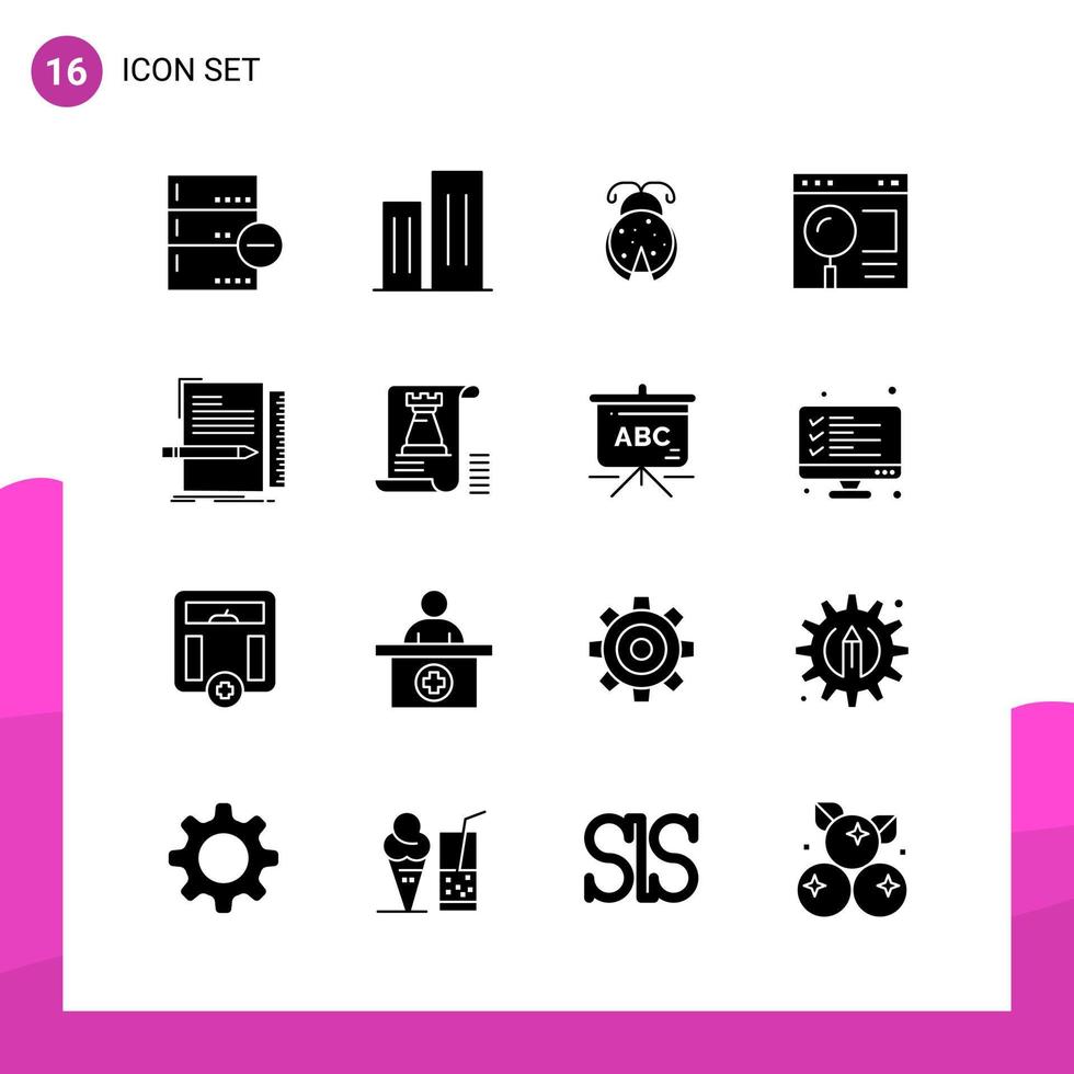 paquete de conjunto de iconos de glifos de 16 iconos sólidos aislados en fondo blanco para aplicaciones móviles y de impresión de diseño de sitios web receptivos vector