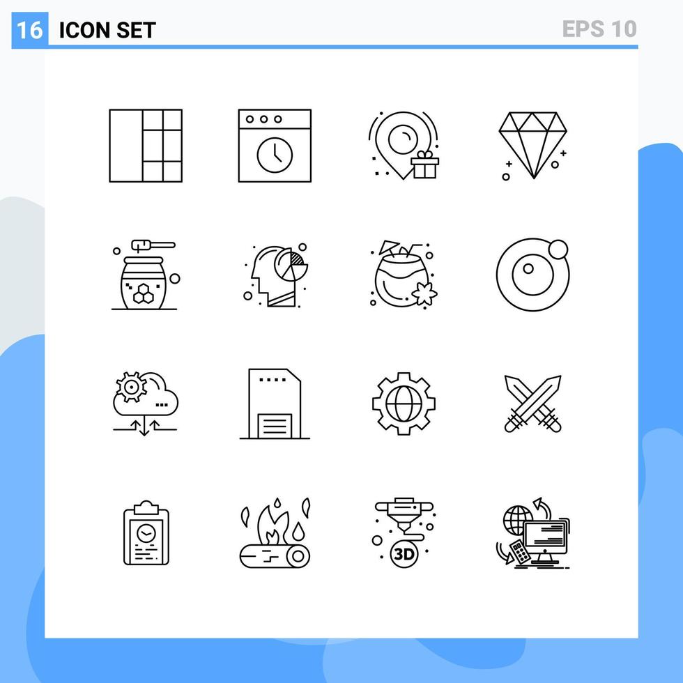 16 User Interface Outline Pack of modern Signs and Symbols of graph relaxation diamond honey cosmetics Editable Vector Design Elements