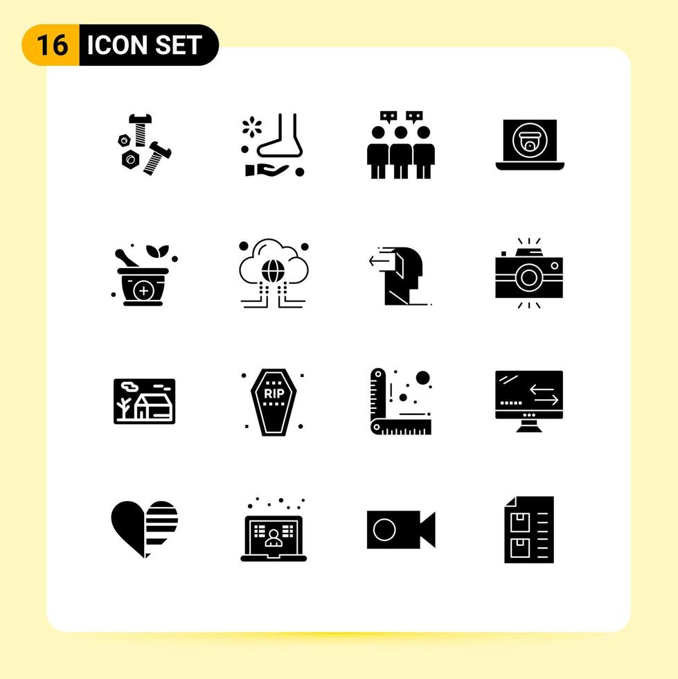 Mobile Interface Solid Glyph Set of 16 Pictograms of medicine camera therapy video multimedia Editable Vector Design Elements