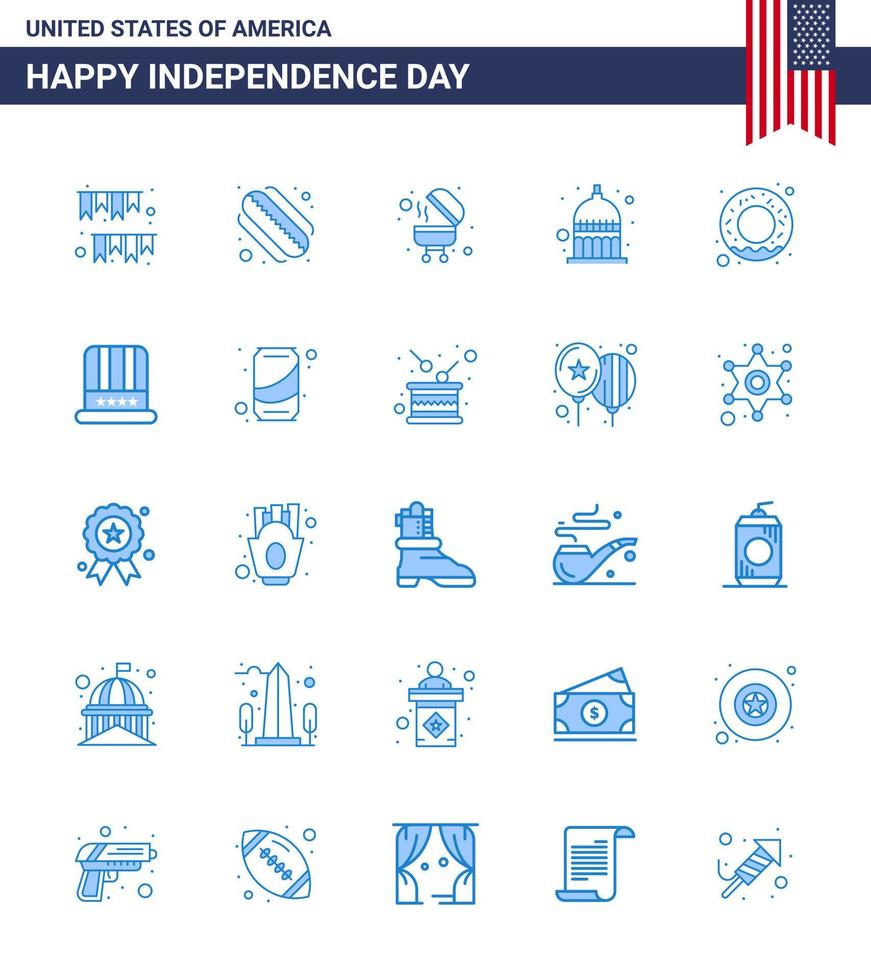 paquete de 25 signos de blues de celebración del día de la independencia de estados unidos y símbolos del 4 de julio, como barbacoa de donas de nutrición, estados unidos, indianápolis, elementos de diseño vectorial editables del día de estados unidos vector