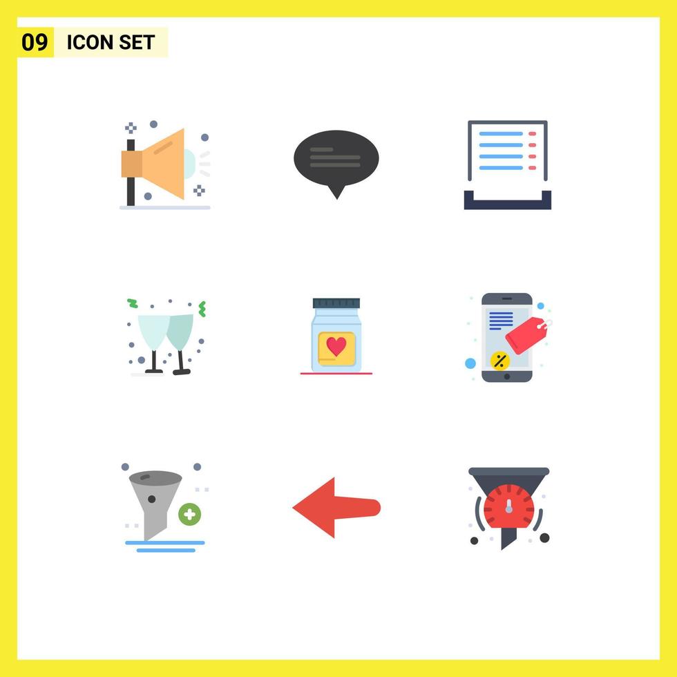 Group of 9 Modern Flat Colors Set for heart medicine bill wine beer Editable Vector Design Elements
