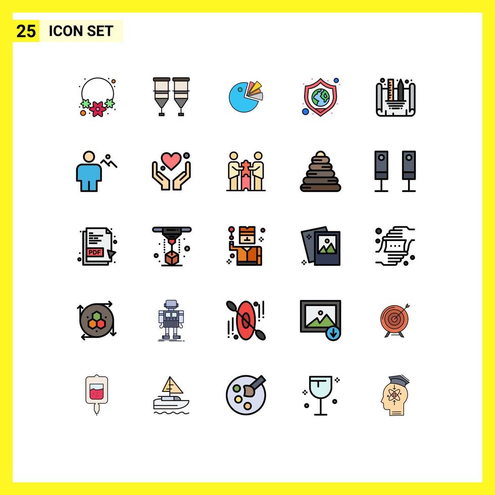 Mobile Interface Filled line Flat Color Set of 25 Pictograms of creating blueprint world globe pie shield protect Editable Vector Design Elements