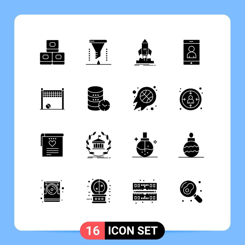 Set of 16 Commercial Solid Glyphs pack for goalpost user launch cell mission Editable Vector Design Elements