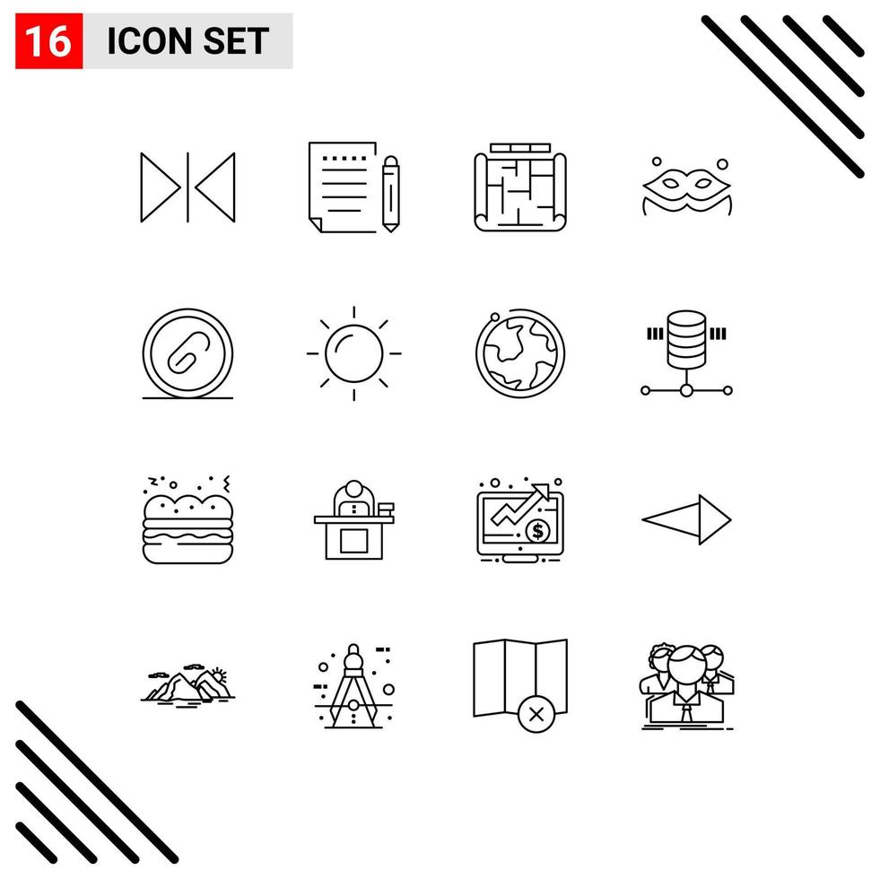Modern Set of 16 Outlines and symbols such as file document blueprint attach mask Editable Vector Design Elements