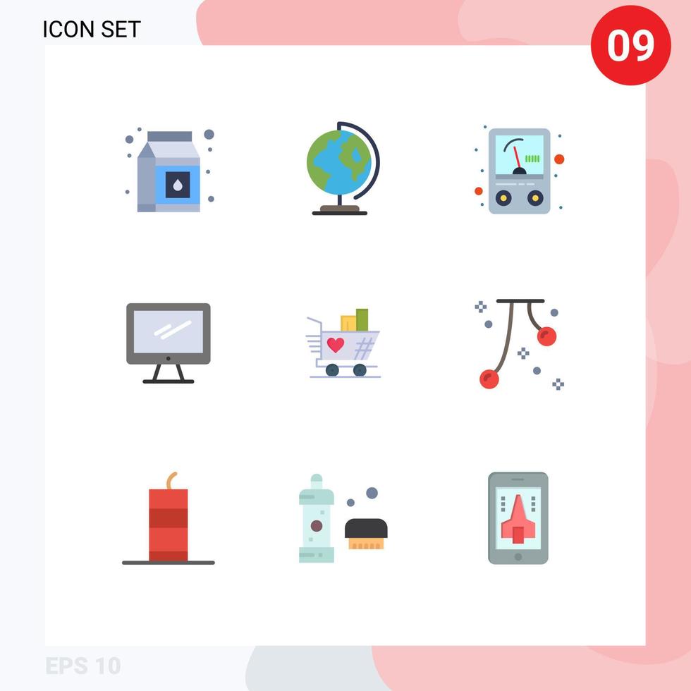 Pack of 9 Modern Flat Colors Signs and Symbols for Web Print Media such as weding trolly meter pc device Editable Vector Design Elements