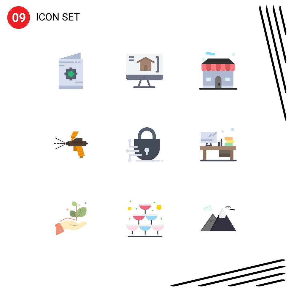 Mobile Interface Flat Color Set of 9 Pictograms of lock construction building gun spray Editable Vector Design Elements