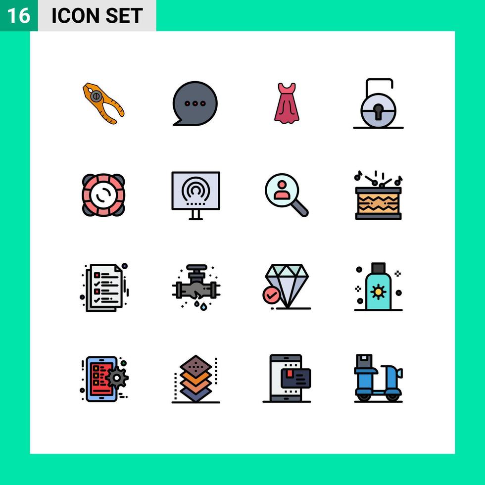16 líneas rellenas de colores planos universales establecidas para aplicaciones web y móviles que admiten protección de vestimenta seguridad candado elementos de diseño de vectores creativos editables