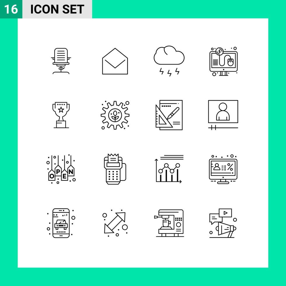 16 User Interface Outline Pack of modern Signs and Symbols of online payment pay message click storm Editable Vector Design Elements