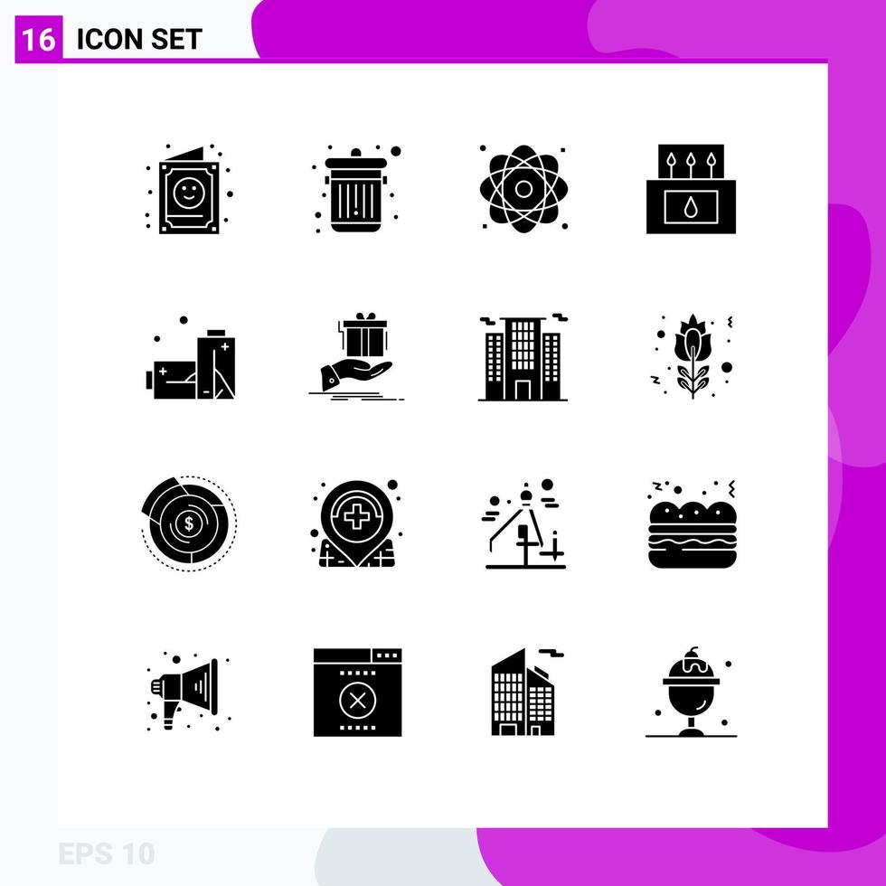 Group of 16 Solid Glyphs Signs and Symbols for batteries matches atom camp power Editable Vector Design Elements