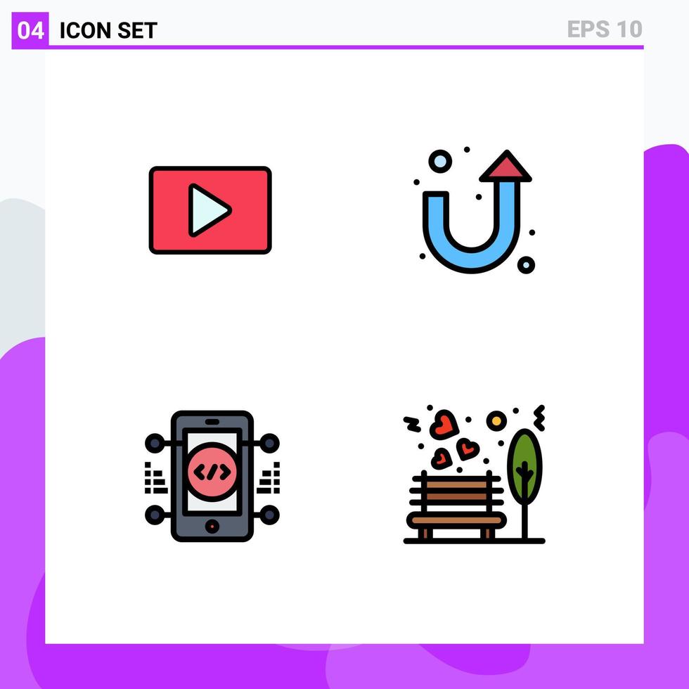 conjunto de colores planos de línea de relleno de interfaz móvil de 4 pictogramas de elementos de diseño de vector editables de youtube online player u turn