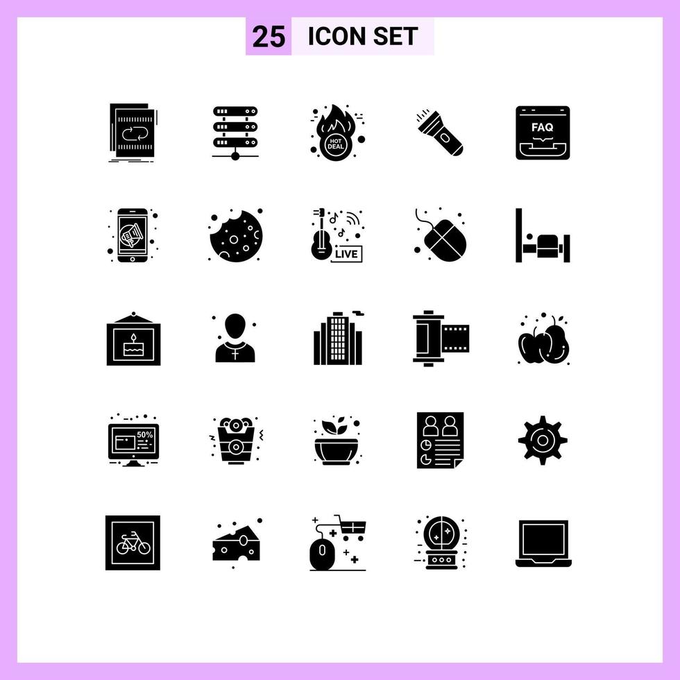 25 Thematic Vector Solid Glyphs and Editable Symbols of browser torch storage light hot deal Editable Vector Design Elements
