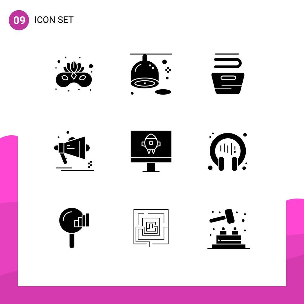 Group of 9 Modern Solid Glyphs Set for computer announcement cleaning megaphone advertising Editable Vector Design Elements