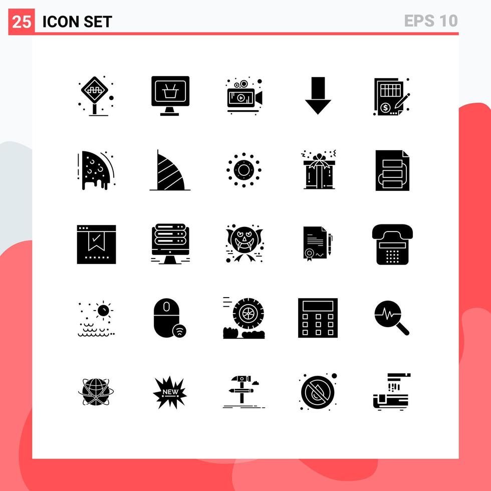 Pictogram Set of 25 Simple Solid Glyphs of document accuracy camera direction down Editable Vector Design Elements