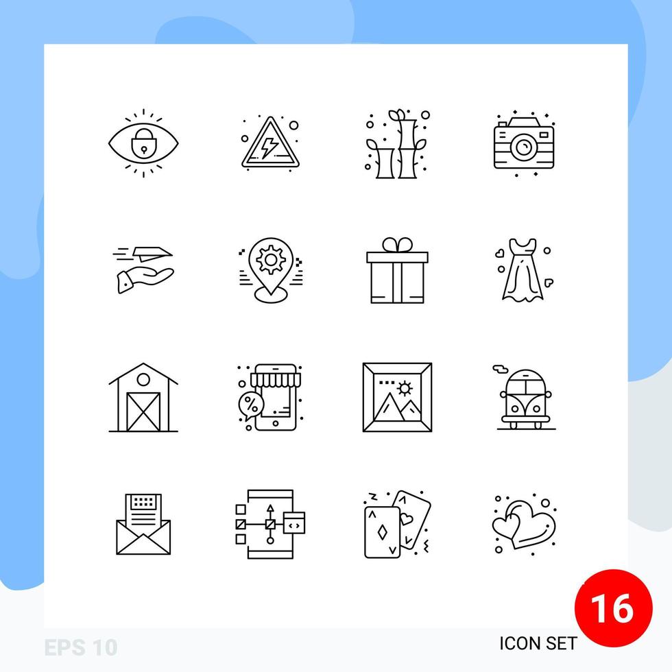 Set of 16 Vector Outlines on Grid for paper plane hand china photo camera Editable Vector Design Elements
