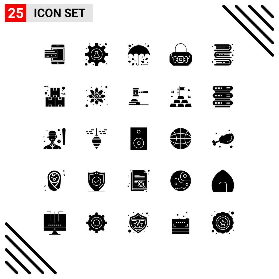 Set of 25 Vector Solid Glyphs on Grid for bag rain cog protection tube Editable Vector Design Elements