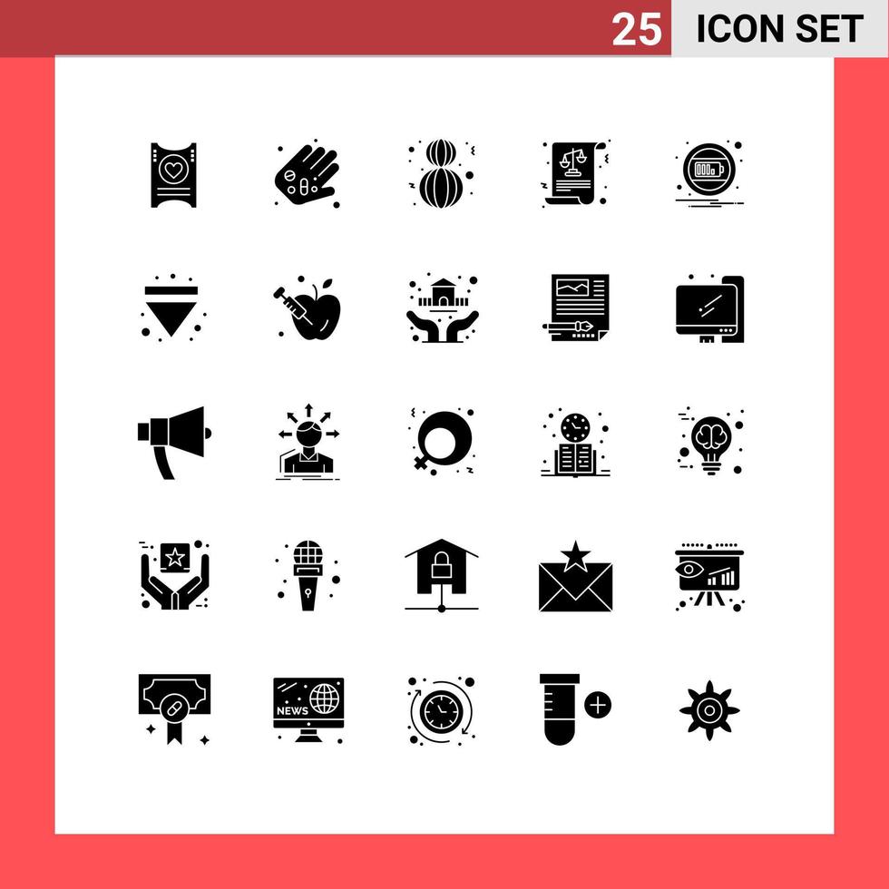 Modern Set of 25 Solid Glyphs and symbols such as charge laws eight march justice balance Editable Vector Design Elements