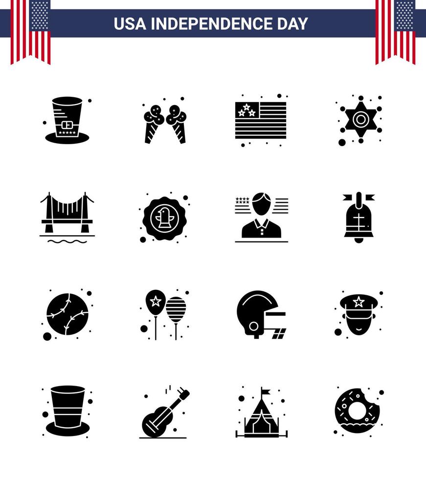 16 iconos creativos de estados unidos signos de independencia modernos y símbolos del 4 de julio de la policía del país del puente de la ciudad firman elementos de diseño vectorial del día de estados unidos editables de la policía vector