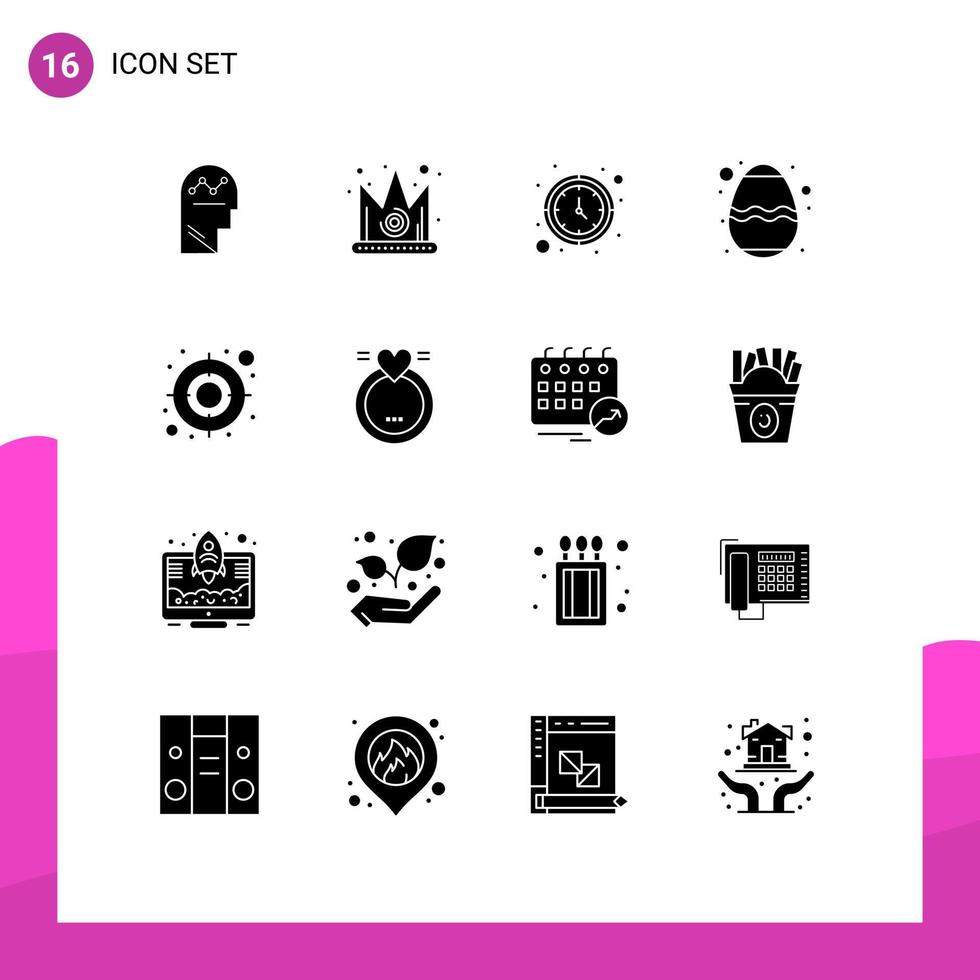 Group of 16 Solid Glyphs Signs and Symbols for audience food king egg watch Editable Vector Design Elements