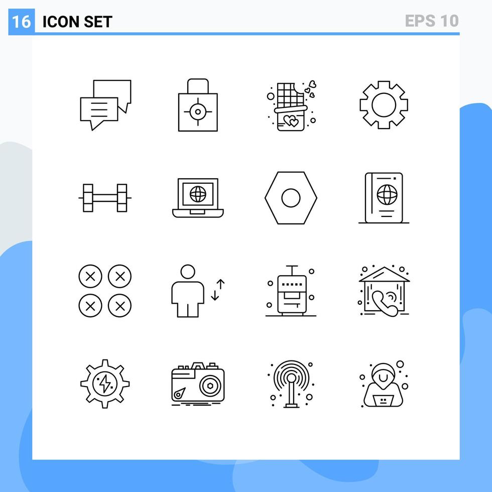 Mobile Interface Outline Set of 16 Pictograms of weightlifting wheel security setting sweet Editable Vector Design Elements