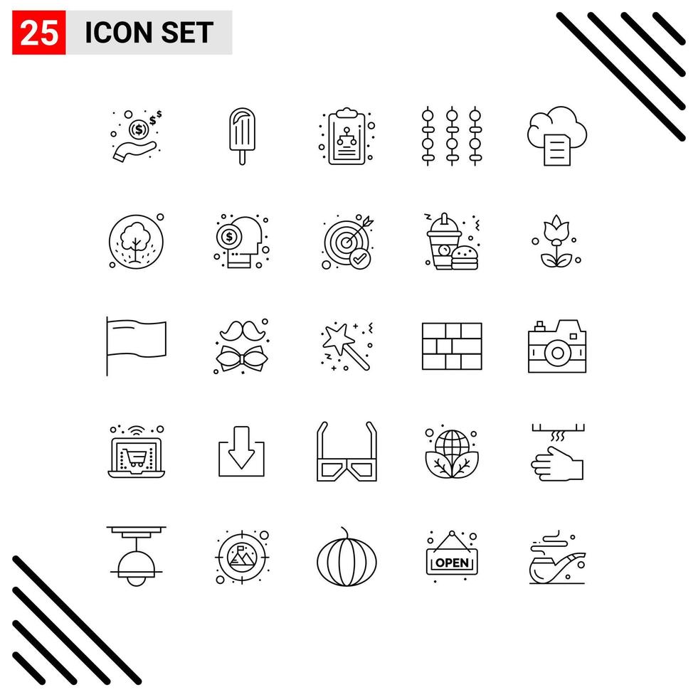 Line Pack of 25 Universal Symbols of document cloud chart vegetables kebab Editable Vector Design Elements