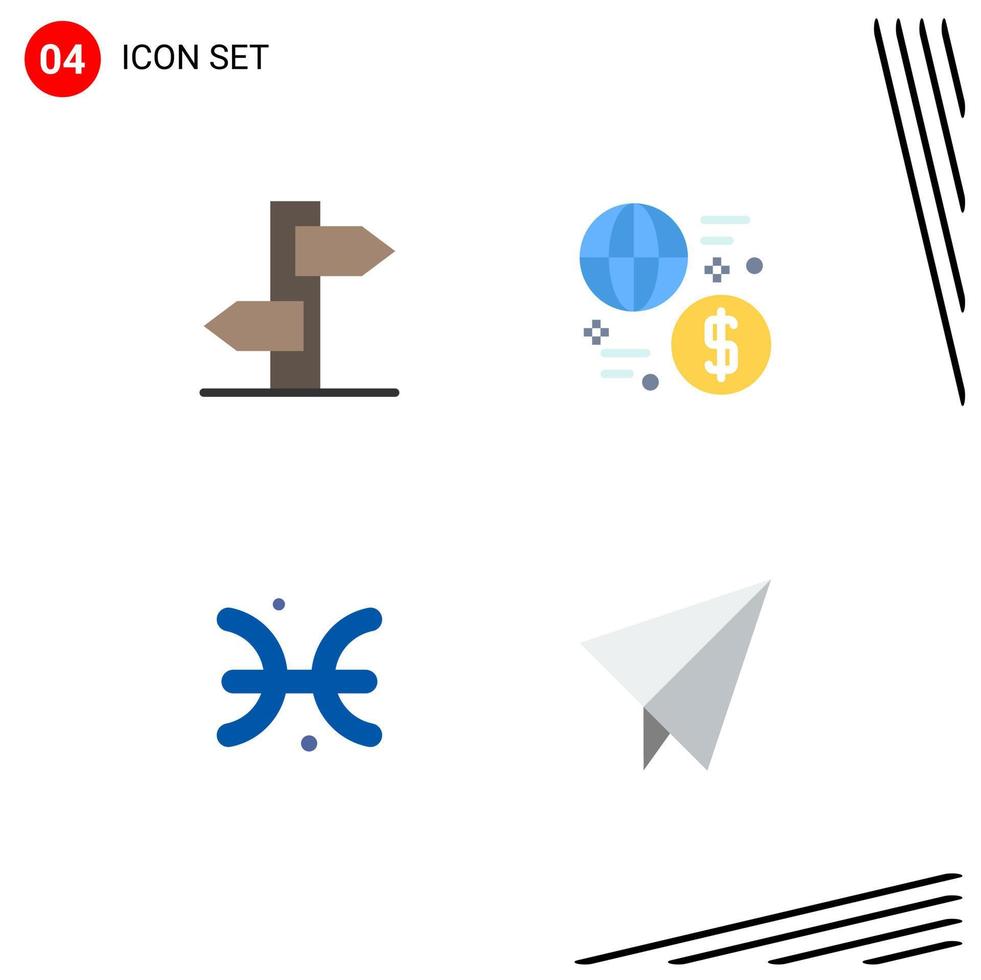 Modern Set of 4 Flat Icons Pictograph of direction astrology signpost global pisces Editable Vector Design Elements