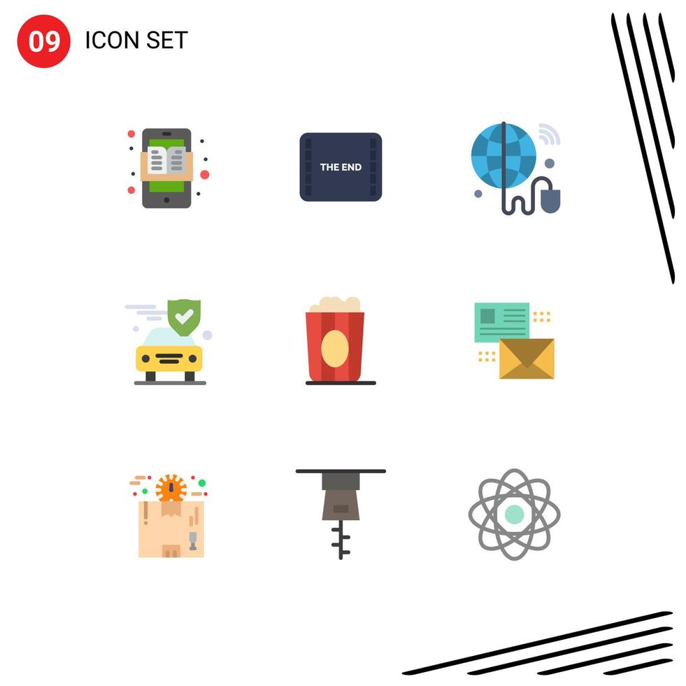 Universal Icon Symbols Group of 9 Modern Flat Colors of cinema security scene insurance world Editable Vector Design Elements