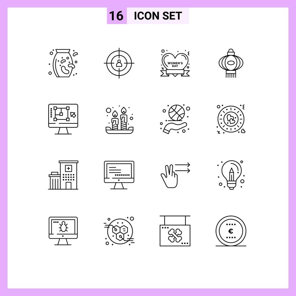 Pictogram Set of 16 Simple Outlines of decrease chinese badge china lantern Editable Vector Design Elements