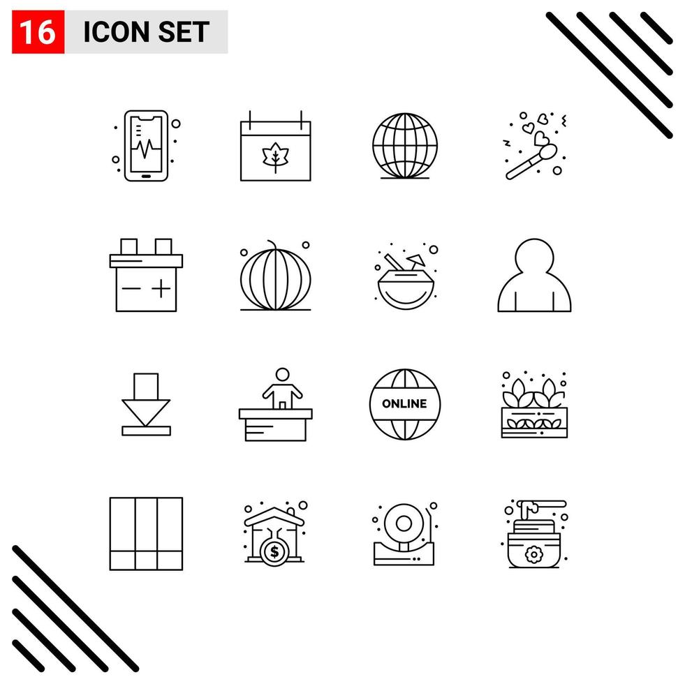 16 Universal Outlines Set for Web and Mobile Applications halloween car globe battery match Editable Vector Design Elements